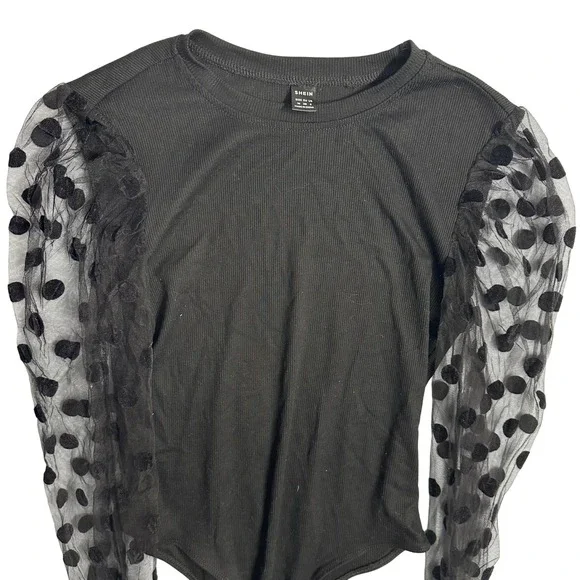 Shein Black Bodysuit Top Polka Dot Mesh Puff Long Sleeves Ribbed Womens‎ Medium - Picture 3 of 7